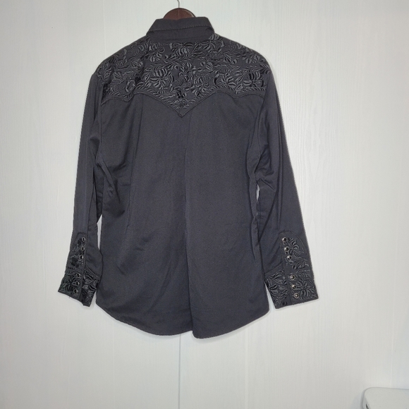 VTG Scully Men Western Snaps Button Shirt Size Medium Black Embroidered Floral - Picture 7 of 16